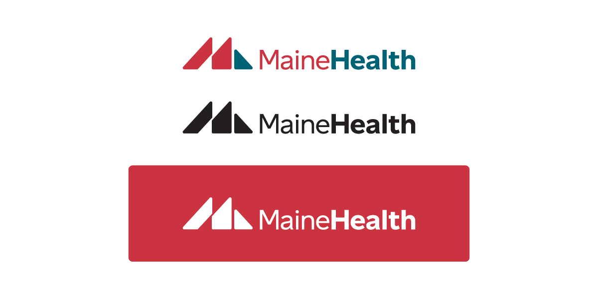 MaineHealth Logo Color Variations: Red and blue, all black, white or knocked out