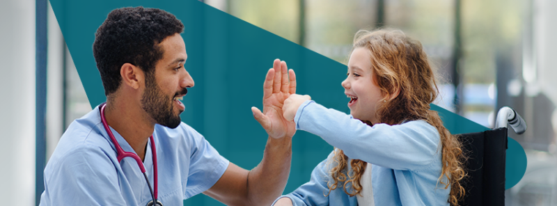 MaineHealth Social Cover Photo Example, nurse high-fiving child in wheelchair.